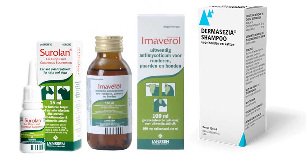 Een aantal voorbeelden van antischimmel middelen en shampoos die wij gebruiken